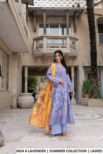 M24 6 PRINT - Elegant Lawn Long Frock with Trouser 3-Piece Women's Suit