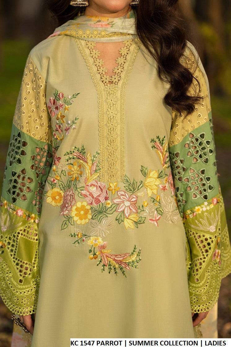 Pakistani women's parrot green cotton short high neck embroidered shirt back view