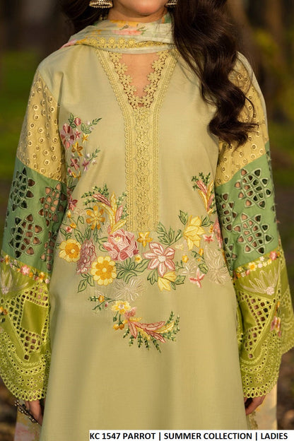 Pakistani women's parrot green cotton short high neck embroidered shirt back view