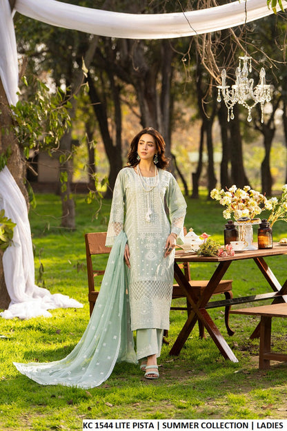 Cotton long embroidered shirt light pista green - Pakistani women's casual outfit with crinkle chiffon dupatta front view