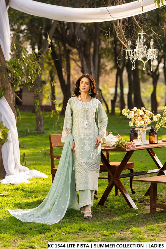 Cotton long embroidered shirt light pista green - Pakistani women's casual outfit with crinkle chiffon dupatta front view