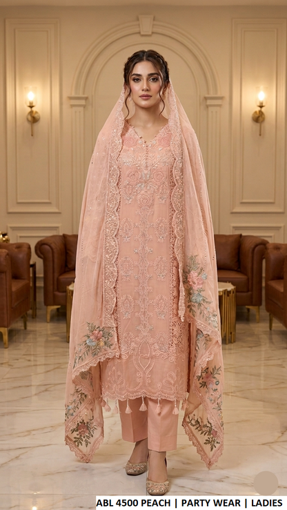ABL 4500 PEACH - Peach Chiffon 3-Piece Women's Straight Plazo Suit Pakistan