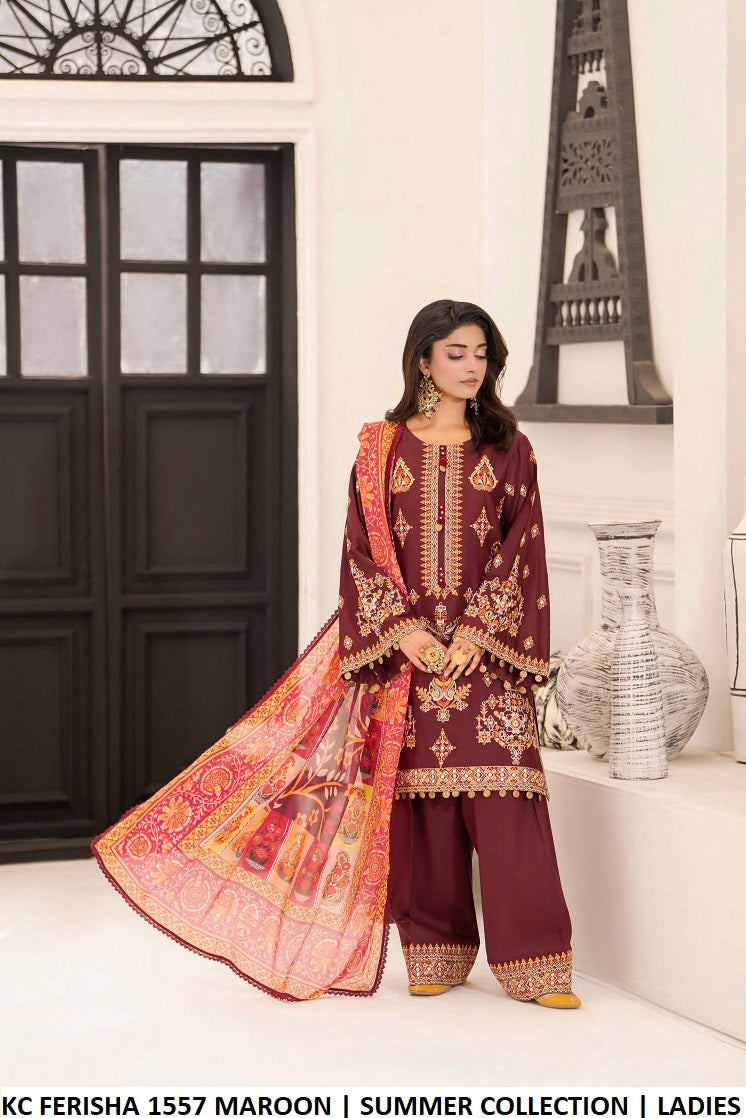 Cotton short shirt farshi shalwar maroon - Pakistani women's traditional elegant outfit with digital print silk dupatta front view