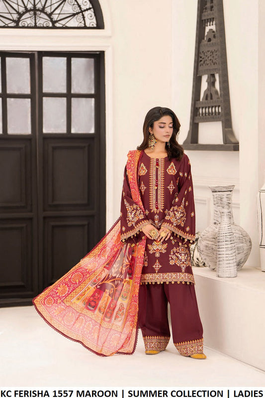 Cotton short shirt farshi shalwar maroon - Pakistani women's traditional elegant outfit with digital print silk dupatta front view
