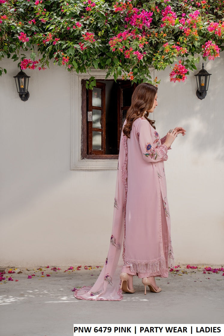 PNW 6479 PINK - Pink Chiffon Straight Women’s 3-Piece Pakistani Plazo Suit