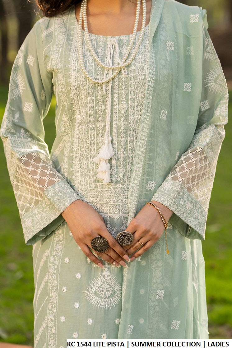Pakistani women's light pista green cotton long embroidered shirt detail view