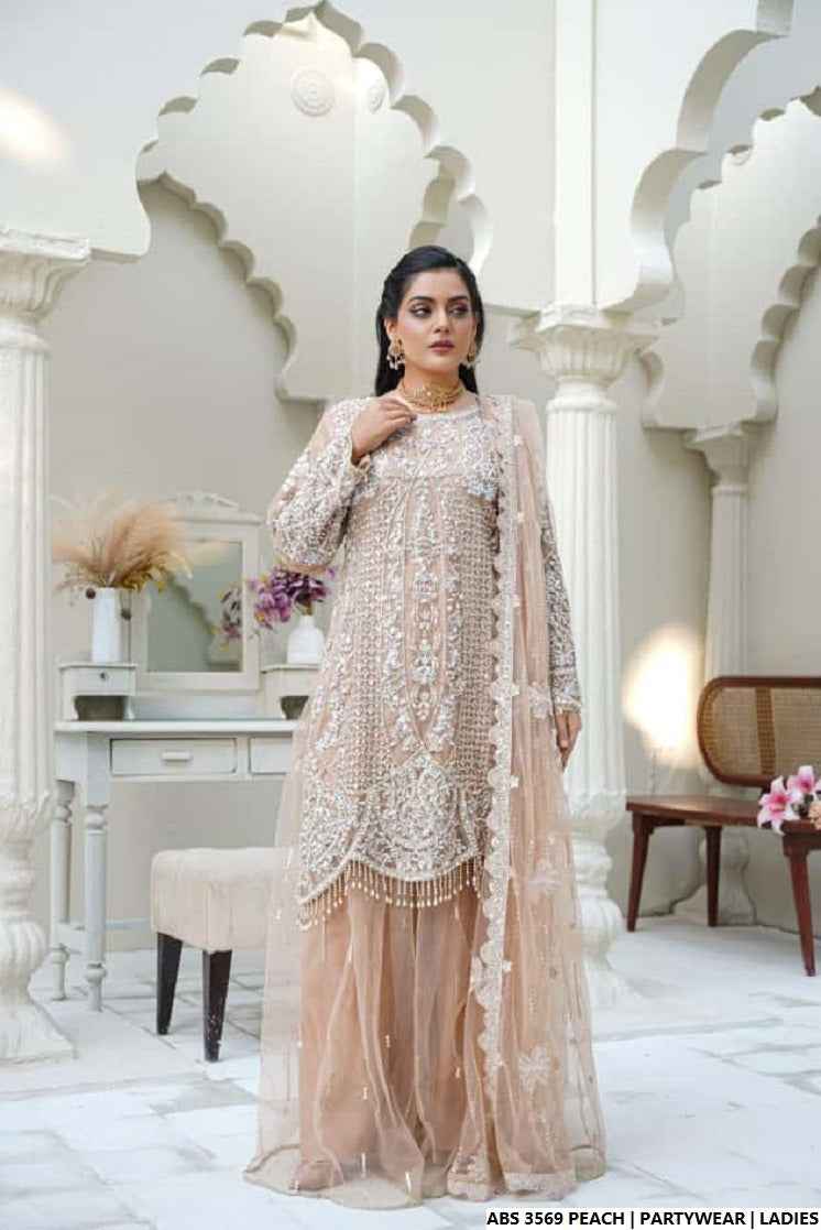 Organza straight shirt peach - Pakistani women's elegant formal wear with viscose trouser and organza dupatta front view