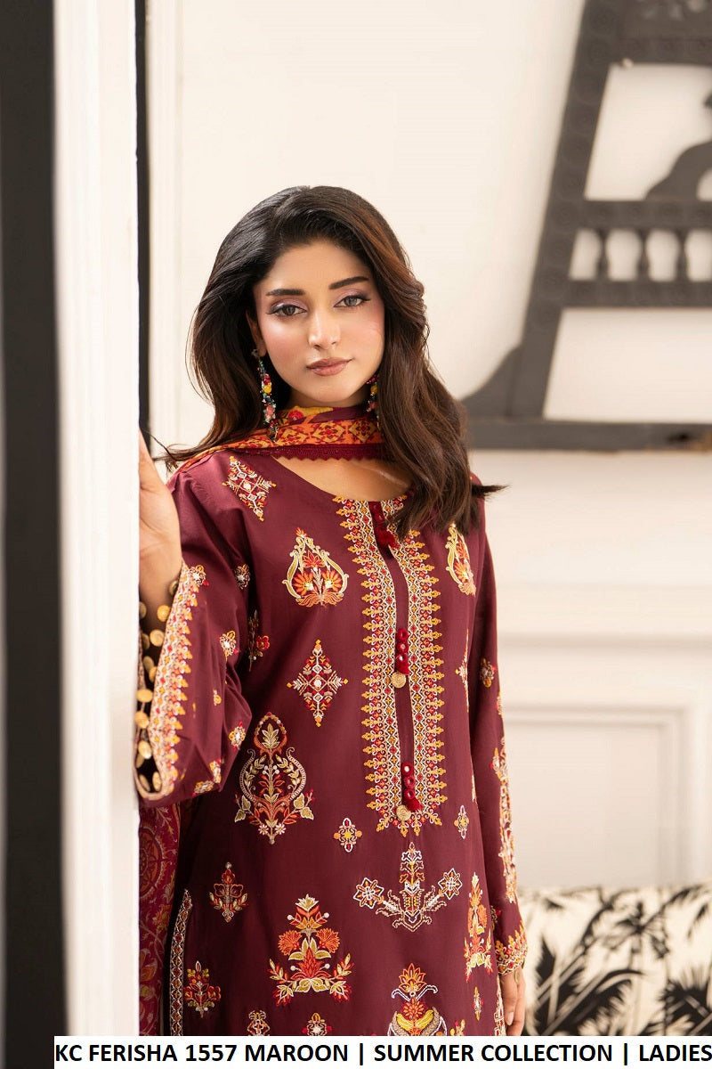 Maroon cotton Pakistani women's short shirt with farshi shalwar side view
