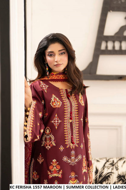 Maroon cotton Pakistani women's short shirt with farshi shalwar side view