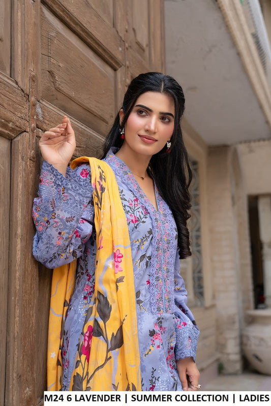 M24 6 PRINT - Elegant Lawn Long Frock with Trouser 3-Piece Women's Suit