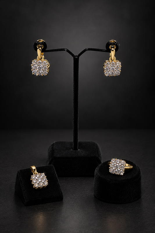 JW195 – Gold-Tone Crystal Cluster Earrings, Pendant and Ring Set