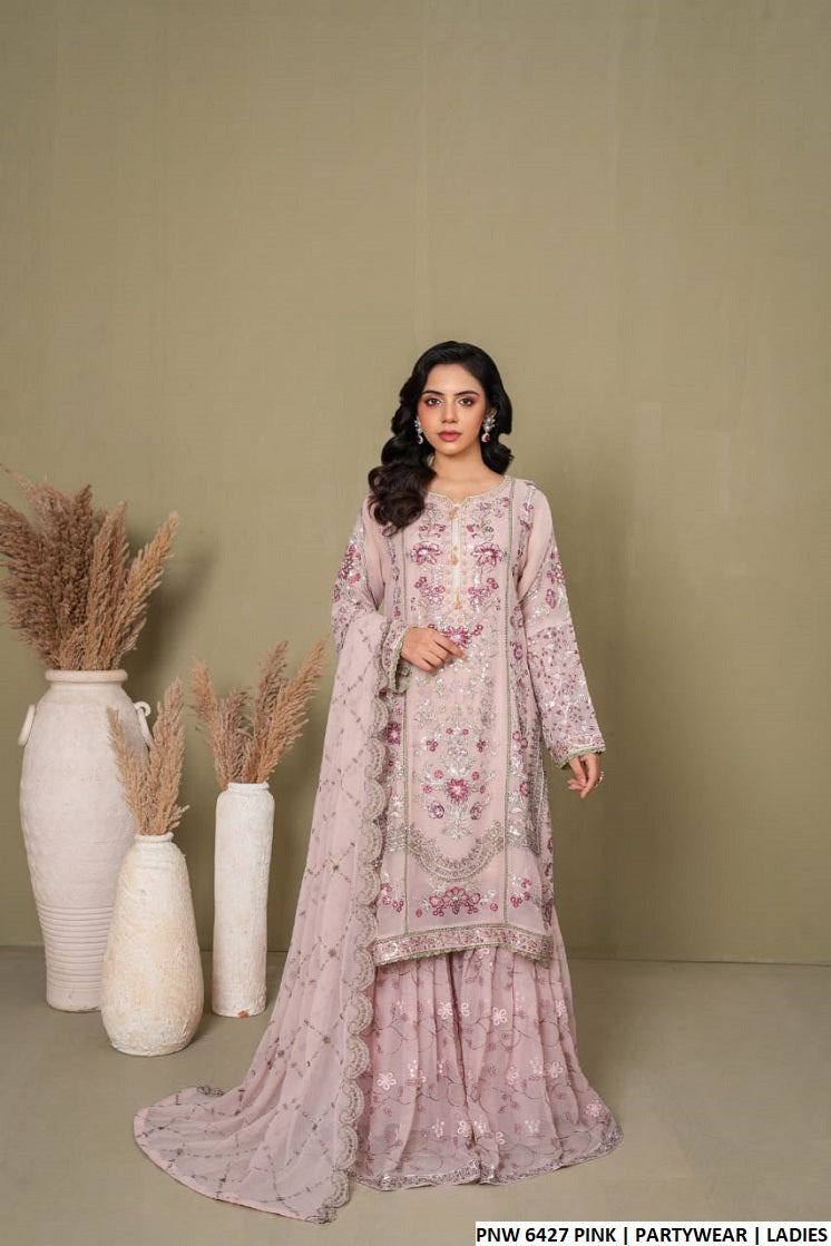 Chiffon straight shirt gharara pink - Pakistani women's festive party wear with chiffon dupatta front view