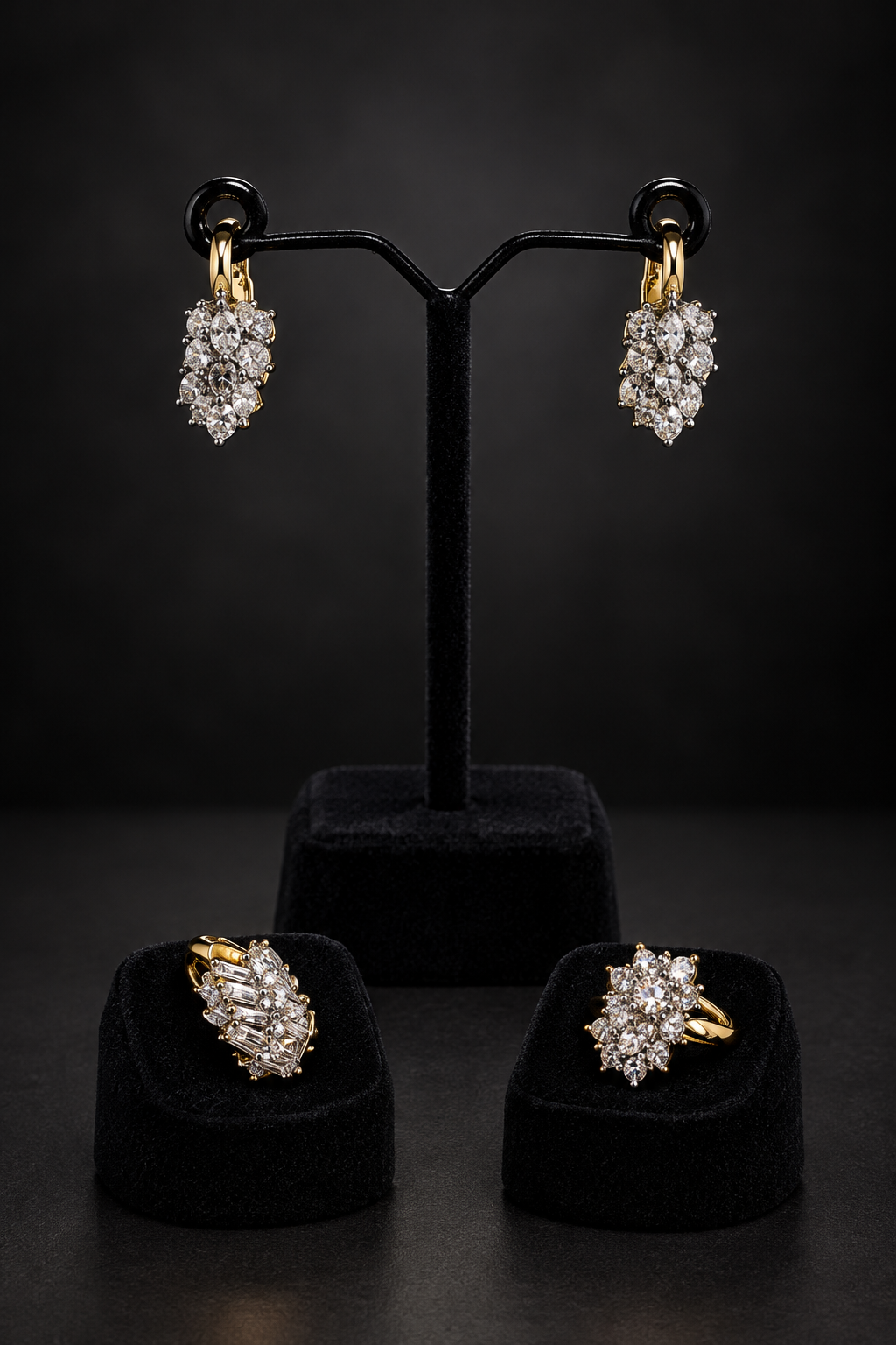 JW185 – Gold-Tone Crystal Cluster Earrings and Statement Ring Set