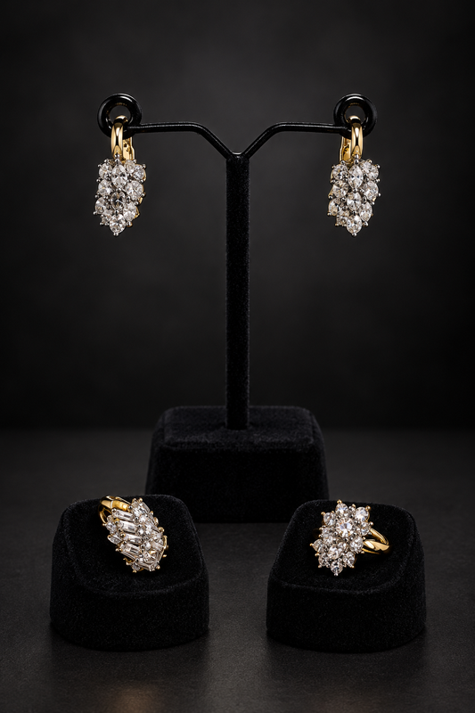 JW185 – Gold-Tone Crystal Cluster Earrings and Statement Ring Set