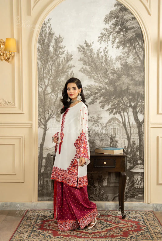 Pink silk Pakistani women's short shirt with farshi shalwar side view