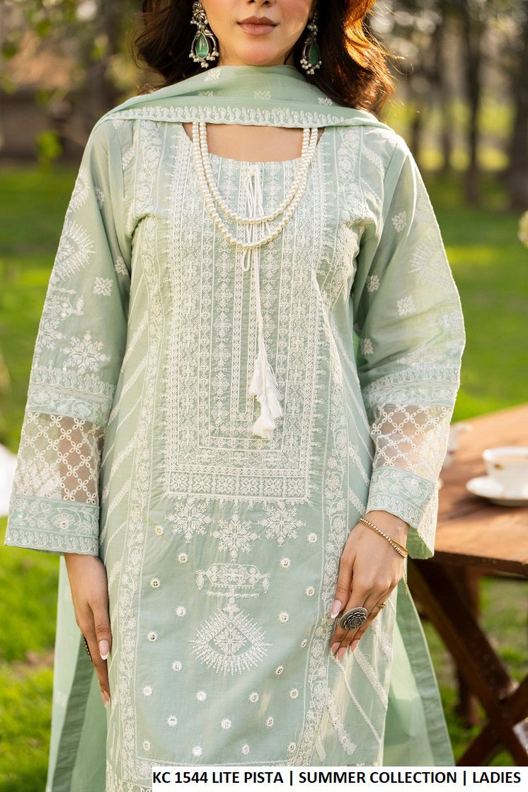 Pakistani women's light pista green cotton long embroidered shirt back view