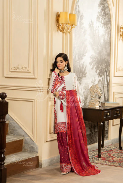 Pakistani women's pink silk short shirt farshi shalwar full view