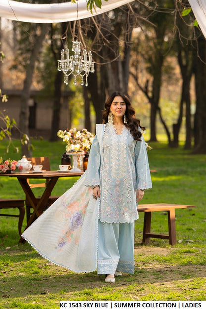 Cotton embroidered shirt blue - Pakistani women's casual festive outfit with printed lawn dupatta front view