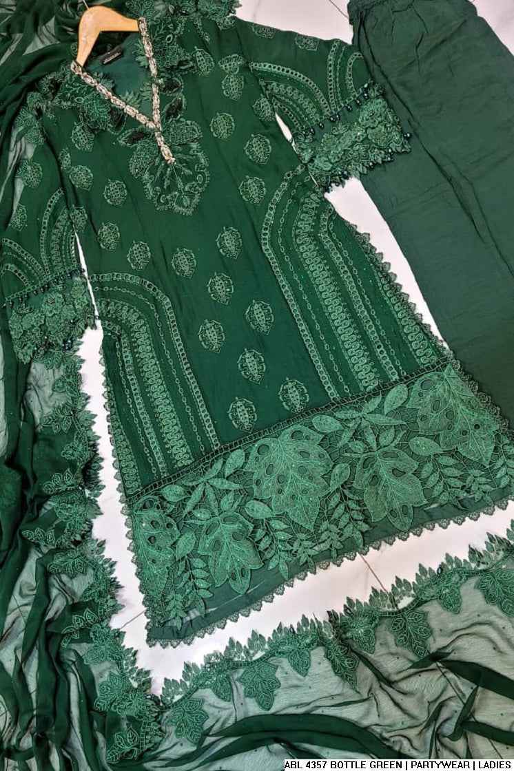 Pakistani women's bottle green organza A-Line shirt back view