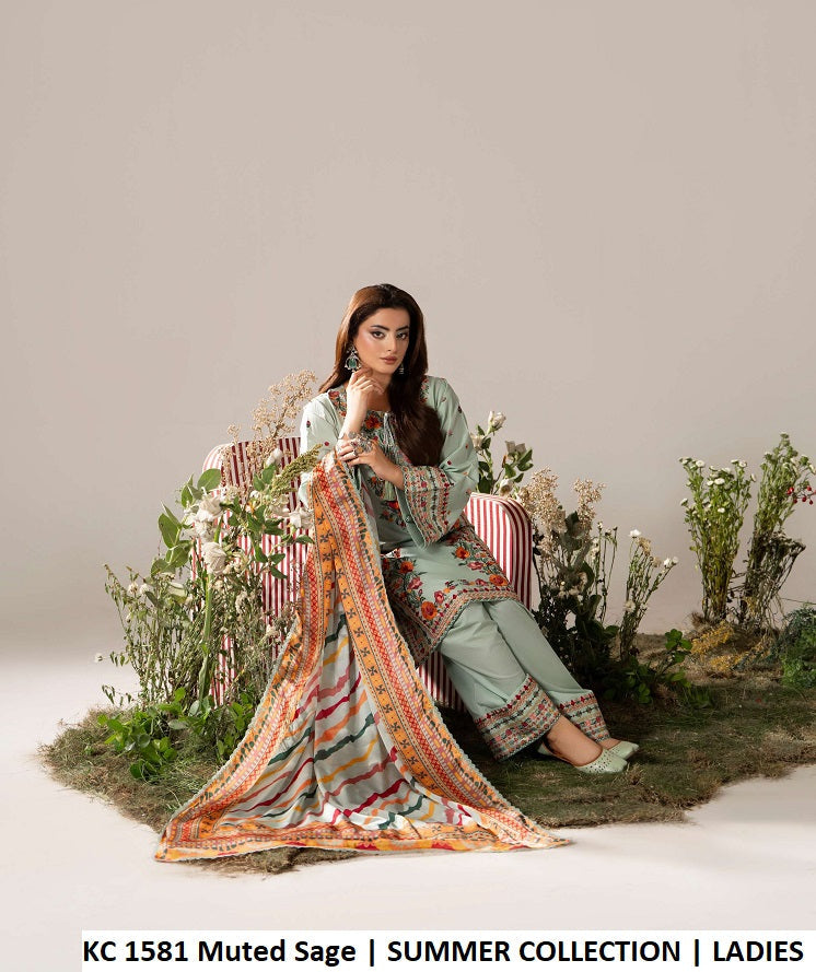 KC AYRA 1581 MUTED SAGE - Muted Sage Embroidered 3-Piece Women's Ready to Wear Suit