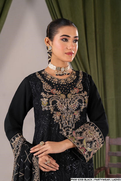 Pakistani women's black chiffon short shirt farshi shalwar detail view