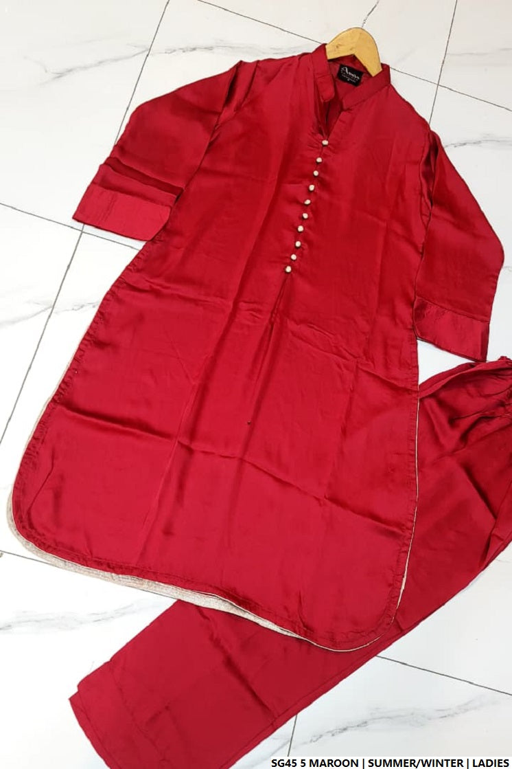 Pakistani women's maroon silk A-Line shirt back view