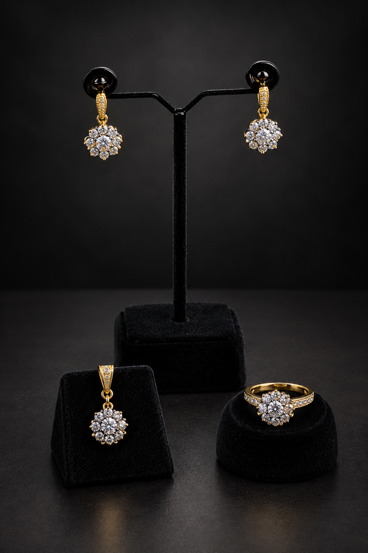 JW187 – Gold-Tone Crystal Cluster Earrings, Pendant and Ring Set