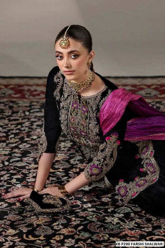 Pakistani women's velvet hand embroidered farshi shalwar suit side view