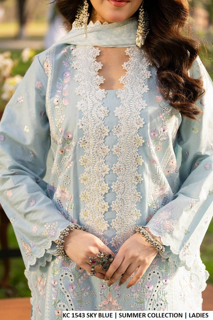 Pakistani women's blue cotton embroidered shirt detail view