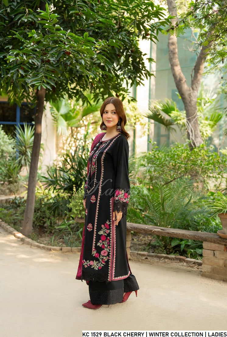 Pakistani women's black cherry silk short shirt detail view