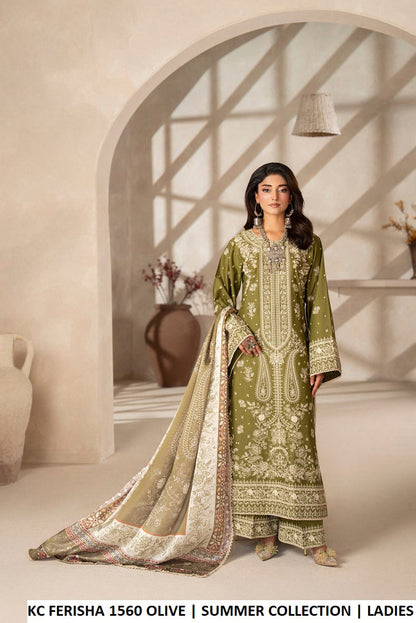 Cotton long straight shirt plazo olive green - Pakistani women's casual outfit with digital print silk dupatta front view