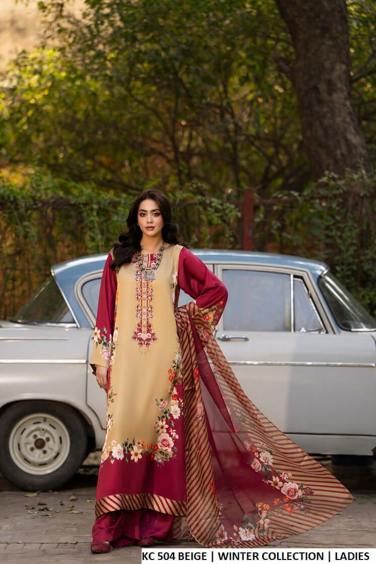 Silk long straight shirt plazo beige - Pakistani women's luxury formal wear with matching silk dupatta front view