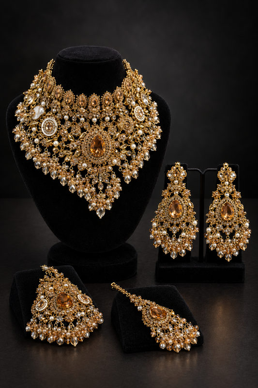 JW1250 – Gold-Tone Amber Stone Bridal Choker Set