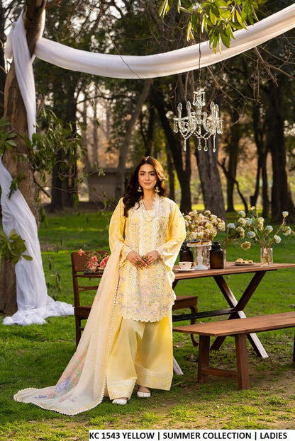 Cotton embroidered shirt yellow - Pakistani women's casual festive outfit with printed lawn dupatta front view