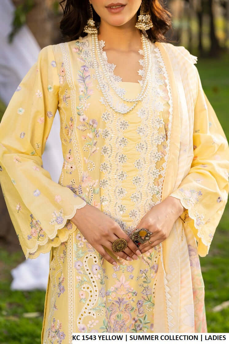 Yellow cotton Pakistani women's embroidered shirt side view