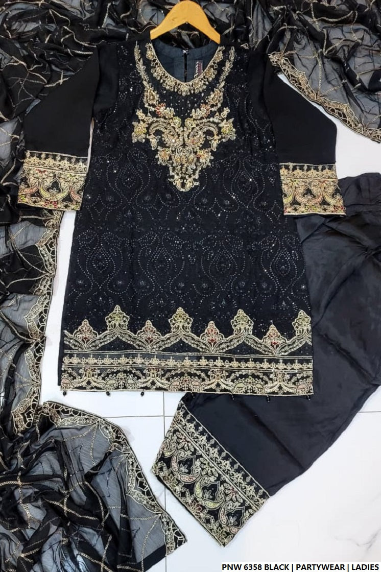 Pakistani women's black chiffon short shirt farshi shalwar back view