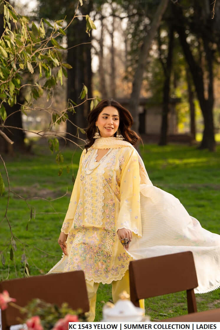 Pakistani women's yellow cotton embroidered shirt back view