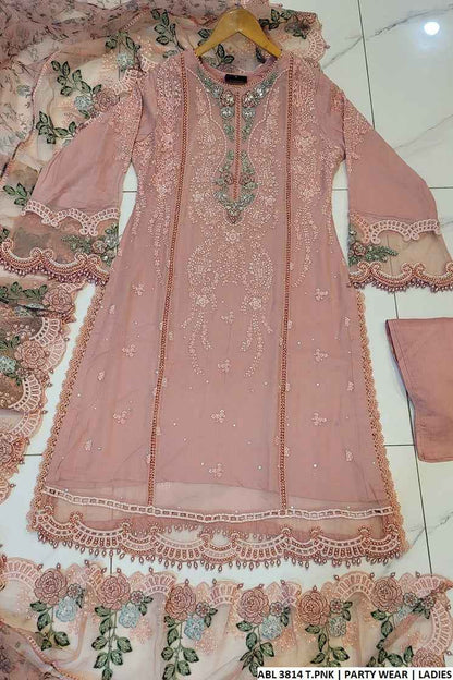 Pakistani women's tea pink chiffon A-Line shirt full view