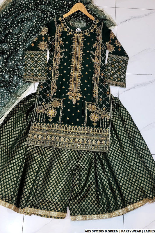 Chiffon straight shirt plazo bottle green - Pakistani women's party wear with viscose plazo and chiffon dupatta front view