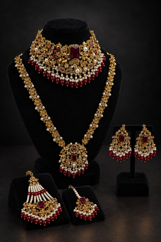 JW971 – Gold-Tone Ruby Red Bridal Necklace and Earring Set