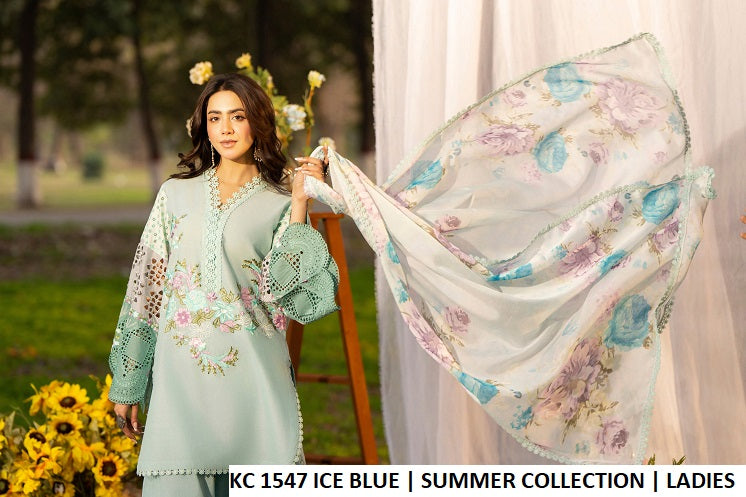 Pakistani women's ice blue cotton short shirt with flared trouser full view