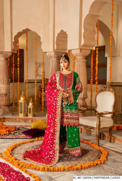 Silk long kaftan plazo green - Pakistani women's luxury formal wear with silk dupatta front view