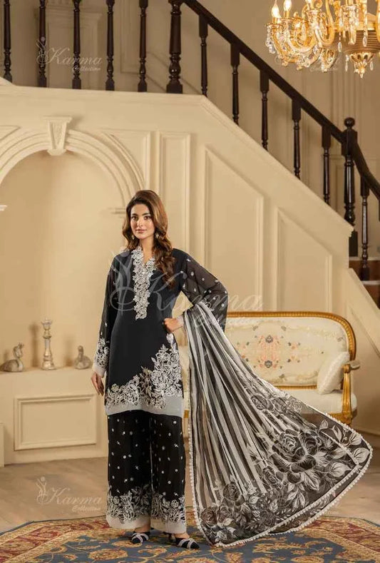 Black silk Pakistani women's short shirt with farshi shalwar side view