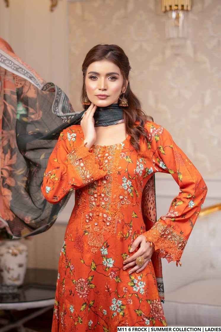 Pakistani women's lawn long frock printed casual outfit side view