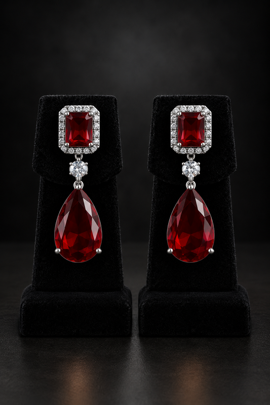 JW43 – Silver-Tone Ruby Red Teardrop Statement Earrings