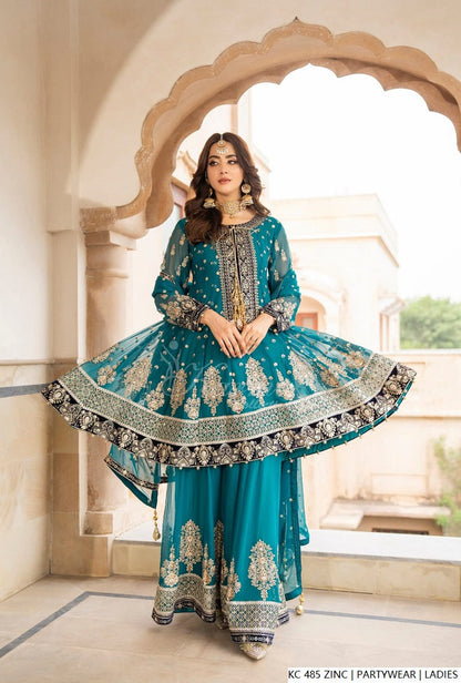 Pakistani women's zinc grey silk long kaftan plazo full view