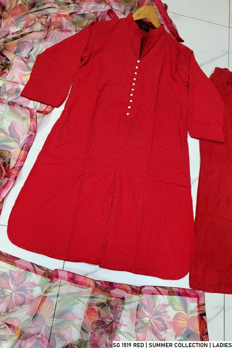 Pakistani women's red lawn A-Line casual outfit back view