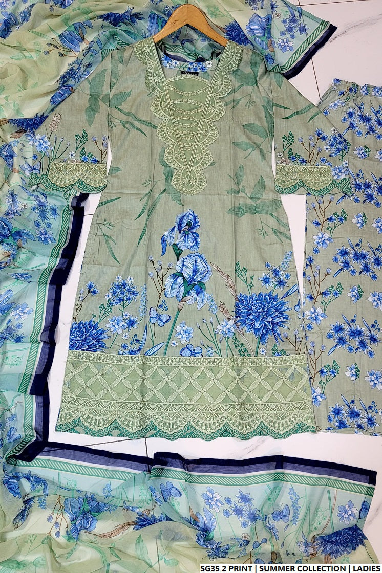 Lawn A-Line printed shirt - Pakistani women's casual summer outfit with cotton trouser and lawn dupatta front view