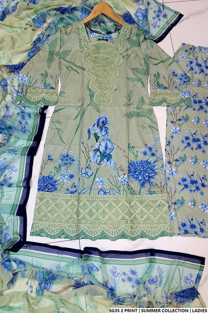 Lawn A-Line printed shirt - Pakistani women's casual summer outfit with cotton trouser and lawn dupatta front view