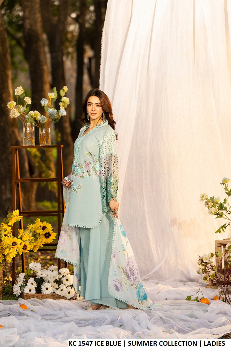 Cotton short shirt high neck ice blue - Pakistani women's casual outfit with printed silk dupatta front view